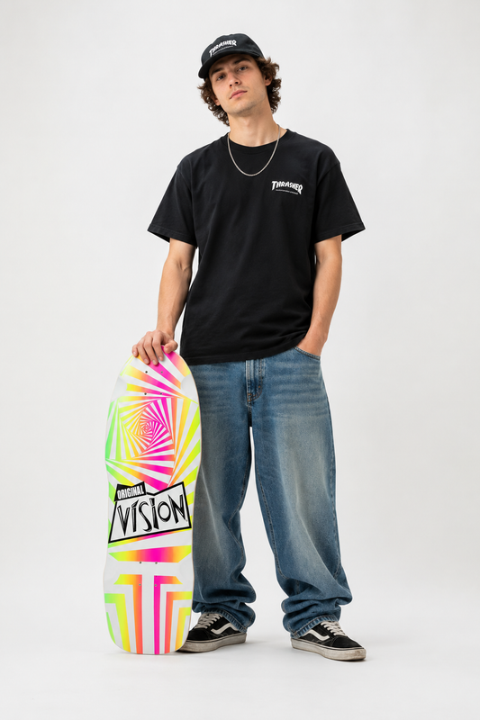 Vision Original skateboard deck featuring Thrasher magazine logo and Vision branding on white background